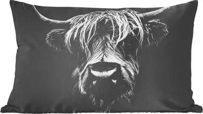 Produktbild von MuchoWow® Zierkissen Sofakissen Wohnzimmer Dekokissen 50x30 cm Schottisches Hochlandrind - Hörner - Schwarz - Weiß - Kuh - Wild - Tiere - Wohnzimmerdekoration - Polster mit Photo