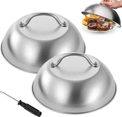 Produktbild von Burgerdeksel aus Edelstahl, 2 Stück, 22,6 cm Durchmesser, Grill-Smeltklok mit Anti-Verbrandungs-Griff für Cheeseburger-Grillklok