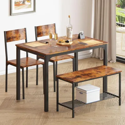 Image de Ensemble de table à manger pour 4 personnes comprenant 2 chaises et un banc, table de cuisine de 110 cm, en MDF et métal, style rétro