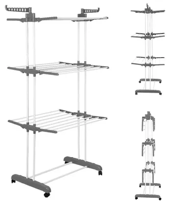 Produktbild von Wäscheständer für innen und außen - 3-stöckiger klappbarer Flügel-Wäschetrockner - Mit Rollen - 360° drehbar - PVC - 75 x 64 x 170 cm - Grau-Weiß