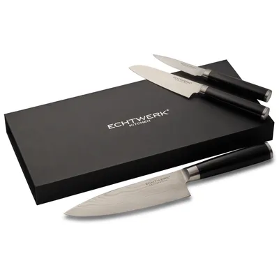 Produktbild von Echtwerk Damaszener Messer Set, 3-tlg., Damaszenermesser, Kochmesser, Küchenmesser, Damaststahl / Pakka-Holz, Silber / Schwarz, EW-DM-0375
