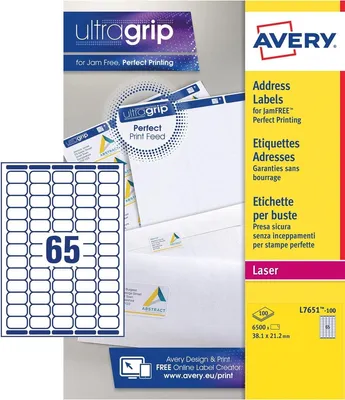 Produktbild von Avery L7651-100 weiße selbstklebende Etiketten, 6500 Stück, 38,1 x 21,2 mm, A4-P