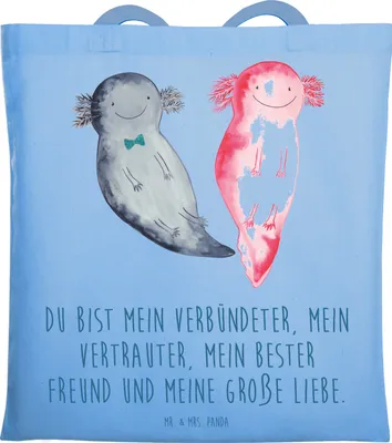 Produktbild von Mr. & Mrs. Panda Einkaufstasche Axolotl Freundin - Sky Blue - Geschenk, Liebe, Paar, Tote Bag, Tasche, Shopping, Lurch, Tragetasche, Valentinstag, Jutetasche