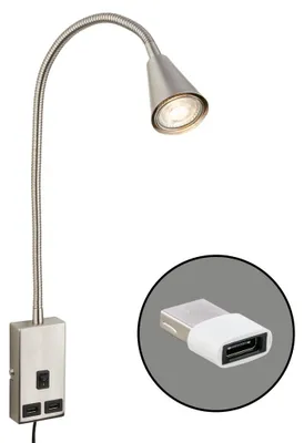 Zdjęcie produktu dla Lampka do czytania Briloner Justra, obrotowa, 2 porty USB, zasilanie sieciowe, matowy nikiel, 48,5 x 6 x 42,5 cm