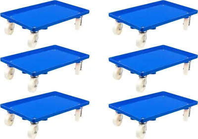 Produktbild von SparSet 6x Transportroller für Euroboxen 60x40cm mit Kunststoffräder blau | Geschlossenes Deck | 4 Lenkrollen | Traglast 300kg | Kistenroller Logistikroller Rollwagen Profi-Fahrgestell