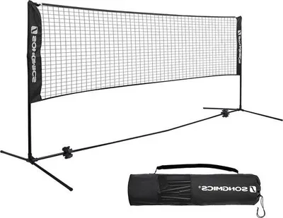 Produktbild von Famanu Badmintonnetz mit höhenverstellbaren Pfosten - tragbare Set für Tennis und Beachvolleyball - schwarz