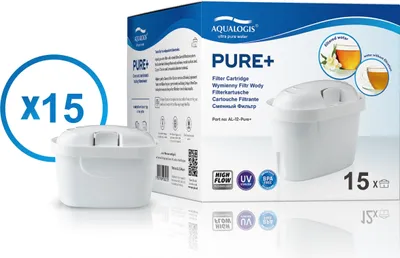 A product shot of Aqualogis Pure+ filter cartridges and their packaging.