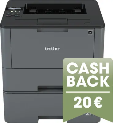 A Brother laser printer with a promotional overlay.