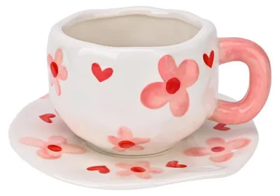Immagine prodotto di Set di tazze da caffè in Vetroceramica rosa con sottobicchieri, design irregolare, capacità 300 ml