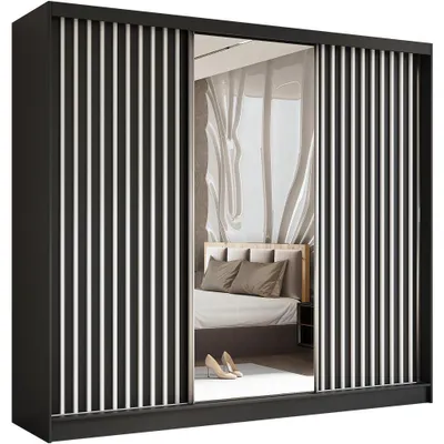 Produktbild von Schwebetürenschrank HELIX II 240 cm Schwarz/Weiß – 3-türig Kleiderschrank mit Schubladen, Lamellen & Spiegel & Schiebetüren