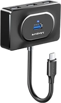 A black USB hub with a USB-C cable attached, shown against a white background.