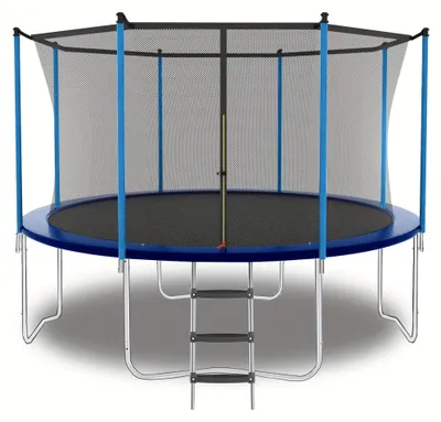 Immagine prodotto di Trampolino da esterno con rete di sicurezza e struttura in acciaio, capacità di carico fino a 181 kg, colore blu