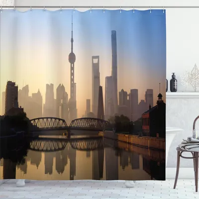 Image de ABAKUHAUS Rideau de douche paysage, Shanghai Skyline au lever du soleil Ponts historiques de Waibaidu Chine Scénique, 175 x 220 cm, marron bleu