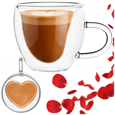 Image de Verre thermique à double fond, 220 ml, cœur, tasse à café/thé, avec anse