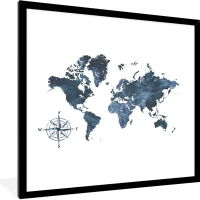 Produktbild von MuchoWow® MuchoWow® Gerahmtes Poster Weltkarte - Blau - Kompass 40x40 cm - Poster mit zchwarzem Bilderrahmen - Mit Rahmen - Wanddekoration Schlafzimmer