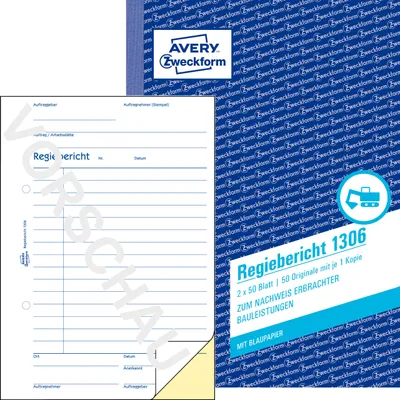 Produktbild von Avery Zweckform 1306, Regiebericht, A5, mit Blaupapier, 2x50 Blatt