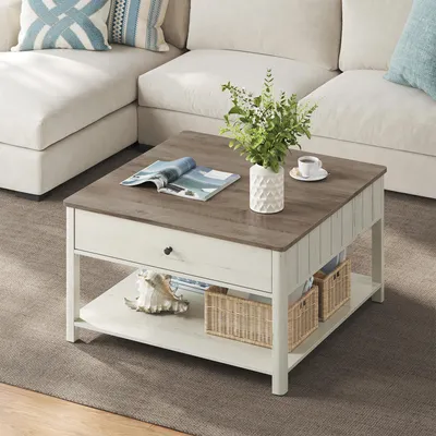 Produktbild von Couchtisch - Wohnzimmertisch mit 2 großen Schubladen - 80x80x45 cm - Mit Beinen - Viel Stauraum - Maritimer Stil - Greige/Weiß mit Wolkenoptik, Dunkelkhaki