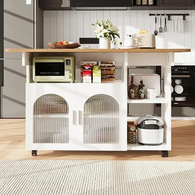 Produktbild von Kücheninsel, Freistehende Kücheninsel, Herausnehmbarer Esswagen, Buffetschrank, Multifunktionaler Esstisch mit klappbarer Arbeitsplatte, Küchenschrank mit Stauraum, (Weiß)