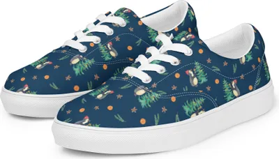 Produktbild von Mr. & Mrs. Panda Sneaker Damen Pinguin Weihnachtsbaum Größe 43 - Blau - Geschenk, Damenschuhe, Schnürer, Weihnachten, Stoffschuhe, Winter, Stoffschuh, Turnschuhe