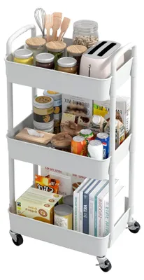 Produktbild von 3-stöckiger Küchenwagen, Allzweckwagen mit Griff, rollender Servierwagen für Büro, Wohnzimmer, Küche, Weiß