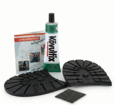 Produktbild von Tank Absatz schwarz 45/46  / Kövulfix 60g / Schuhreparatur leicht gemacht / Schleifpapier - Wanderschuh Absatz für Trekkingschuhe Reparatur Set - Repair Sole Pad Größe 2: L90xB91mm)