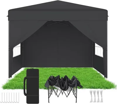Produktbild von Pop Up Faltpavillon 2.5x2.5m Gartenpavillon mit 4 Seitenwänden, 3-Fach höhenverstellbar 2,4–2,6m, wasserabweisend & UV-Schutz, 210D Oxford, Stabiler Outdoor Pavillon – Anthrazit