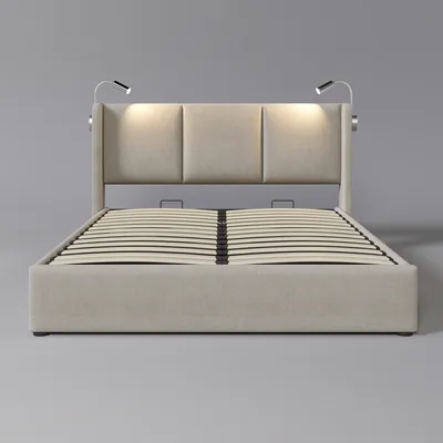 Produktbild von Flieks Polsterbett 160x200cm mit Lattenrost, Boxspringbett mit Leselichte und USB, Doppelbett Stauraumbett Funktionsbett, PU, Beige