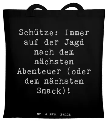 Produktbild von Mr. & Mrs. Panda Tote Bag Spruch Abenteuer Schütze - Schwarz - Geschenk, Optimismus, Abenteuerlust, Tierkreiszeichen, canvas tasche, Illustrationen, Neugierde, Jutebeutel