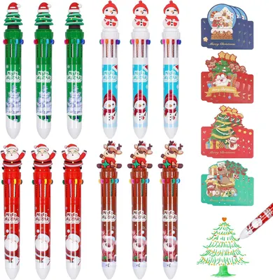 Productafbeelding van Kerstpennen - Set van 12 - Kerstkaarten - 10-in-1 veelkleurige pennen - Kerstpennen set - Kerstpennen met wenskaarten
