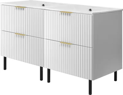 Produktbild von Waschtischunterschrank, Mattweiß, 120 (2 x 60) x 77 x 46 cm, silberner Griff, schwarze Beine, ohne Arbeitsplatte