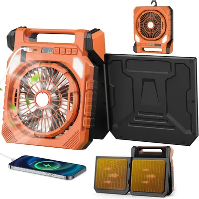 Produktbild von 4-in-1 Solarventilator, 20000 mAh,Oszillation 80°,2 Solarmodule,LED, Powerbank, Schwenkkopf, Display, Taschenlampe, Timer, Haken, für Outdoor & Angeln