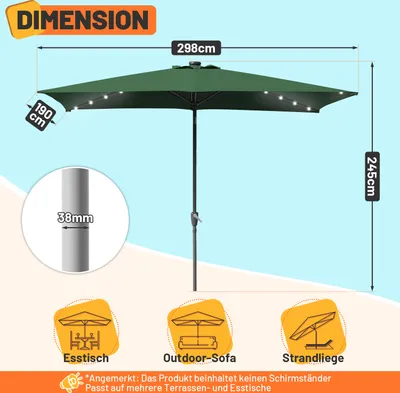 Produktbild von TolleTour Sonnenschirm Rechteckig,Kurbel Knickbar Eisen Balkonschirm Marktschirm,neigbar,2 x 3m,LED,Grün