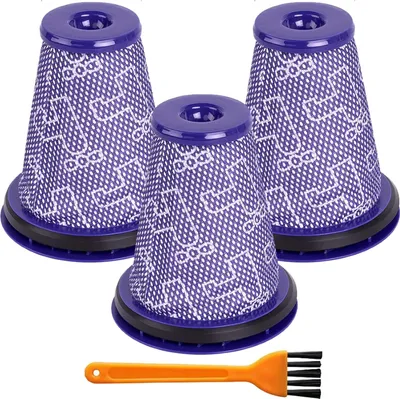 Three purple vacuum cleaner filters with a white pattern, and an orange cleaning brush.