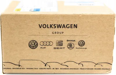 A cardboard box with Volkswagen Group branding and logos of its associated car brands.