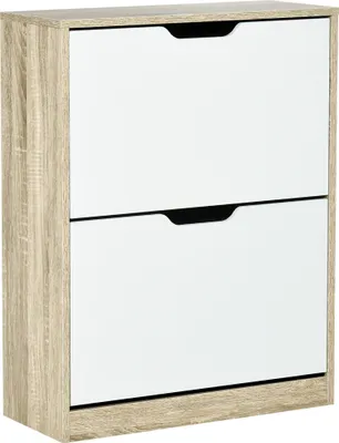 Produktbild von HOMCOM Schuhschrank, Schuhregal aus Holz mit 2 Falttüren, 4 Ablageflächen, Kapazität von 8 Paaren, für Eingangsbereich, Flur, Schlafzimmer, 62,5 x 26 x 81 cm, Weiß und Natur