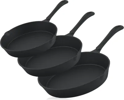 Produktbild von 3-teilige Gusseisen Brat- und Steakpfannenset, Ø 16 cm, Ø 20 cm, Ø 24 cm, Gusseisenpfanne, Grillbratpfanne, Bratpfanne, Steakpfanne, Fleischpfanne, Pfannenset, Gusseisenpfannenset