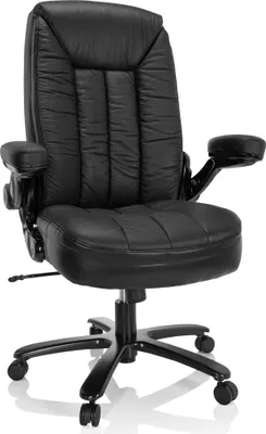 A black office chair is shown against a white background.