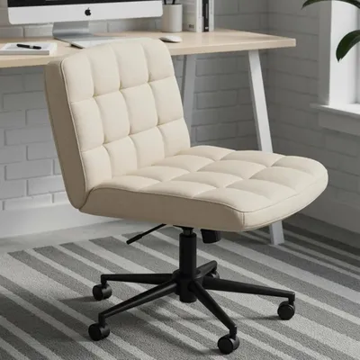 Produktbild von Bürostuhl - Schreibtischstuhl - Breite Sitzfläche für Schneidersitz - Ergonomisch - Höhenverstellbar - 360° drehbar - Mit Armlehnen - Rollen - Beige Leinen