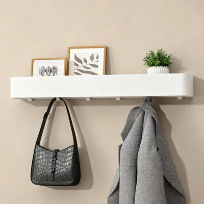Produktbild von doporro Wandgarderobe mit Ablage, Garderobenleiste 60 cm mit 6 Garderobenhaken, Kleiderhaken Wand ohne Bohren Weiß Reglo-05