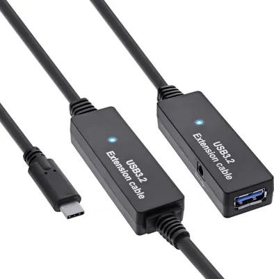 Produktbild von InLine USB 3.2 Gen.1 Aktiv-Verlängerung, USB-C Stecker an USB-A Buchse, 10m, 10 m, USB C, USB A, USB 3.2 Gen 1 (3.1 Gen 1), 5 Gbit/s, Schwarz