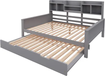 Produktbild von Ausziehbares Schlafsofa 140x200CM Ohne Matratze Grau Massivholz Ausziehbett 90x190CM Mit Staufach Und Lattenrost Kiefer Multifunktionsbett