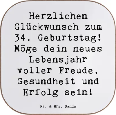 Produktbild von Mr. & Mrs. Panda Untersetzer für Gläser Spruch 34. Geburtstag - Weiß - Geschenk, Feier, Geburtstagsgeschenk, Glas, gute Wünsche, Herzlichen Glückwunsch, Tasse, Coaster