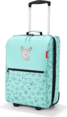 A mint green children's trolley with a cartoon dog face and a pattern of cartoon dogs and cats.