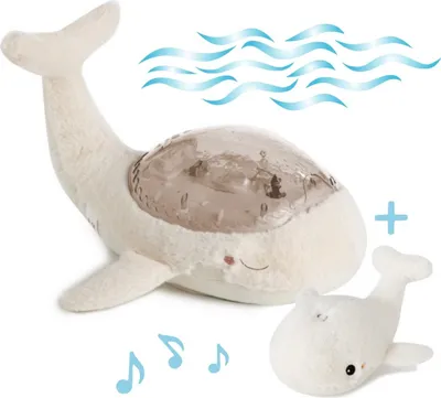 A plush whale toy with a clear dome on its back, and a smaller whale toy next to it.