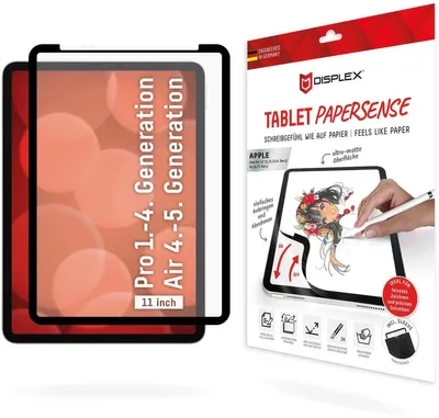 Produktbild von Displex TABLET PAPERSENSE für iPad Pro 11'' (1./2./3./4. Gen.)/Air (4./5. Gen.), wiederablösbare Schreibfolie und Zeichenfolie mit Paper Feeling, Papierähnliche Schutzfolie für den Bildschirm, 27,9 cm (11"), Matt, 5H, Polyethylenterephthalat, 1 Stück(e)