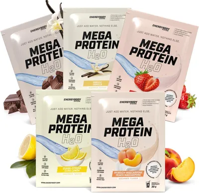 Produktbild von Energybody Mega Protein H2O Probierpaket, für Wasser optimiertes Eiweiss Protein Pulver, 5 x 30 g