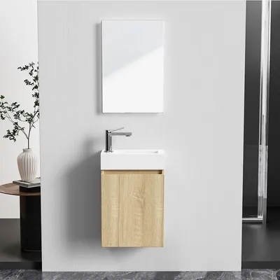 Produktbild von Belvit Badmöbel‑Set 40 cm mit MDF‑Unterschrank, glanz, Soft‑Close, umkehrbar, Handwaschbecken & Spiegel, kompakt für Bad & Gäste‑WC, weiß oder eiche