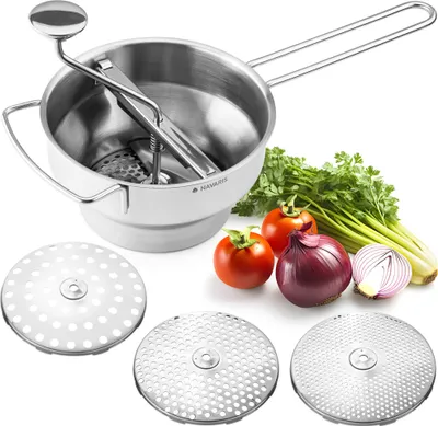 Produktbild von Navaris Passiergerät aus Edelstahl mit 3x Siebeinsatz - Passiermühle für Suppe Marmelade Baby Brei Saucen - 3 Stück Sieb Einsätze - Mühle Presse aus