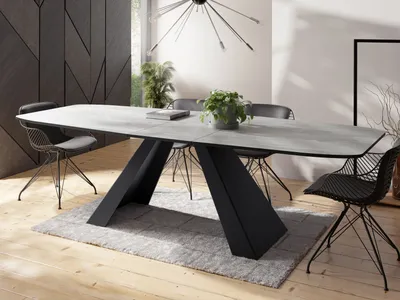 Produktbild von Esstisch Monte im Modern Stil, Rechteckiger Tisch - Ausziehbar von 160 cm bis 200 cm, Pulverbeschichtete Schwarze Metallbeine - 160 x 80 cm - Beton Grau