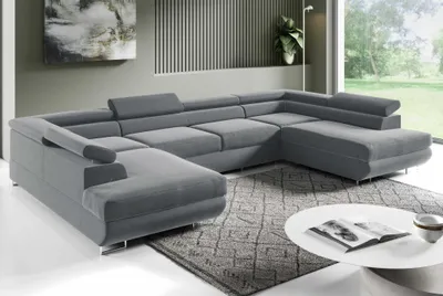 Produktbild von Ecksofa in U-Form PORTO, U-förmige Eckcouch mit Schlaffunktion, ausziehbares Sofa, 2 Bettzeugbehälter, verstellbare Kopfstützen, (Monolith 84)
